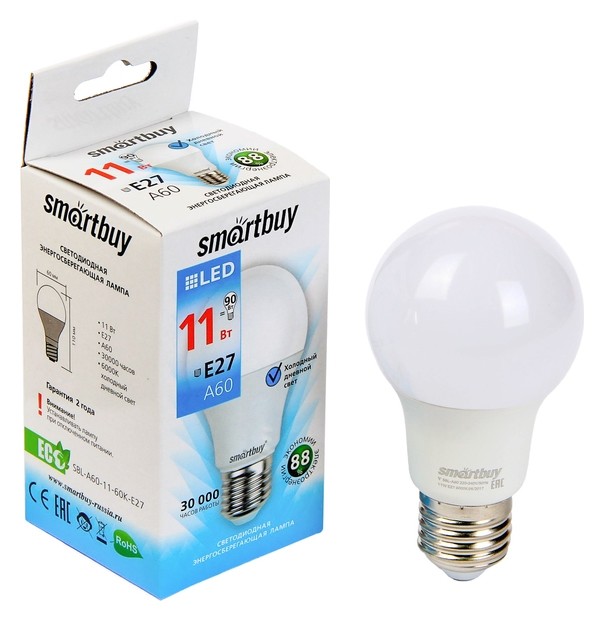 

Лампа Cветодиодная Smartbuy, A60, E27, 11 Вт, 6000 К, холодный белый свет