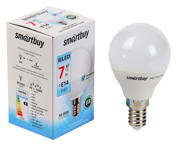 

Лампа Cветодиодная Smartbuy, P45, E14, 7 Вт, 4000 К, дневной белый свет