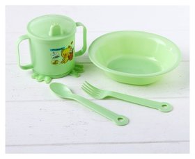 Набор детской посуды из 4 предметов: миска, ложка, вилка, поильник с твёрдым носиком 200 мл Крошка Я