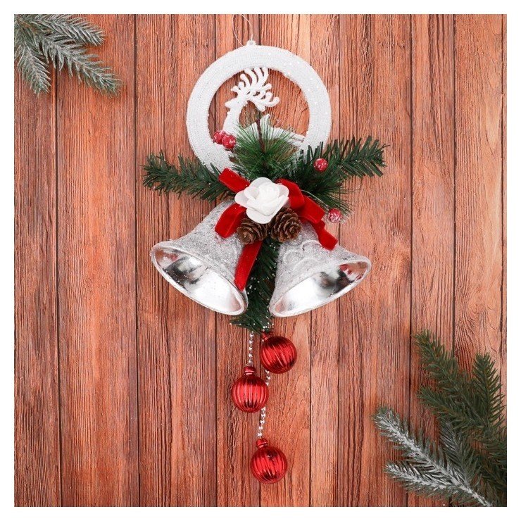 

Украшение новогоднее "Два колокольчика с шариками и новогодним декором" 15х30 см, Белый