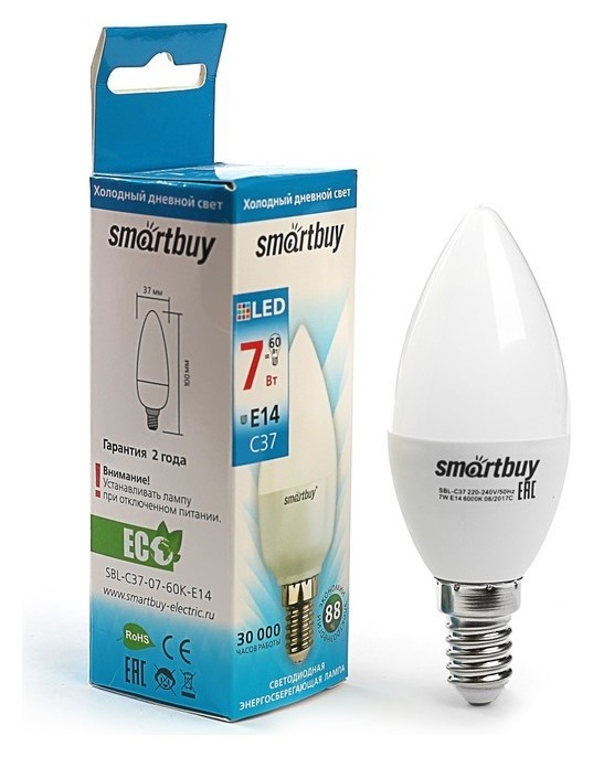 

Лампа Cветодиодная Smartbuy, C37, е14, 7 Вт, 6000 К, холодный белый свет