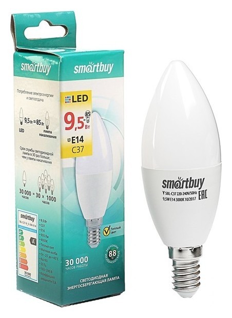 

Лампа светодиодная Smartbuy, C37, е14, 9.5 Вт, 3000 К, теплый белый свет
