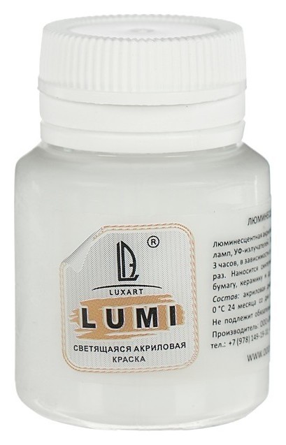 

Краска акриловая люминесцентная, 20 мл Luxart Lumi белый, небесно-голубое свечение