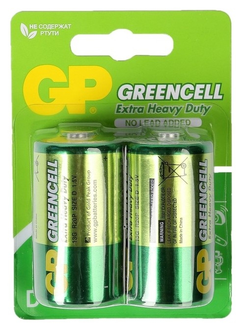 Батарейка солевая GP Greencell Extra Heavy Duty, D, R20-2bl, 1.5в, блистер, 2 шт.