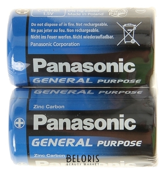Батарейка солевая Panasonic General Purpose, C, R14-2s, 1.5в, спайка, 2 шт. Panasonic