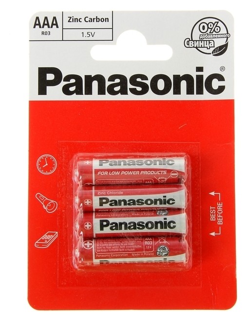 Батарейка солевая Panasonic Zinc Carbon, Aaa, R03-4bl, 1.5в, блистер, 4 шт.