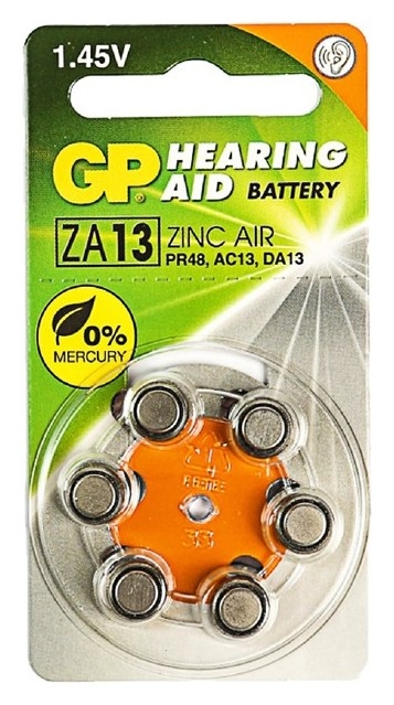 Батарейка цинковая GP, Za13 (Pr48)-6bl, для слуховых аппаратов, 1.45в, блистер, 6 шт.