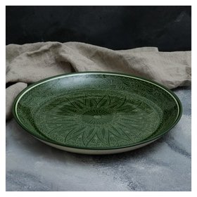 Ляган круглый, 36 см, риштанские узоры, зелёный Риштанская керамика