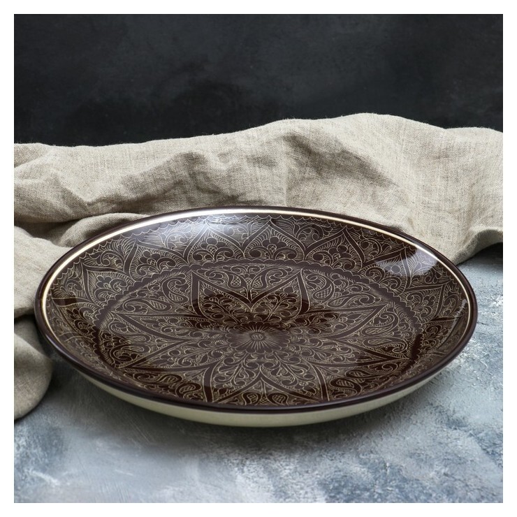 Ляган круглый, 32 см, риштанская роспись, коричневый  Риштанская керамика