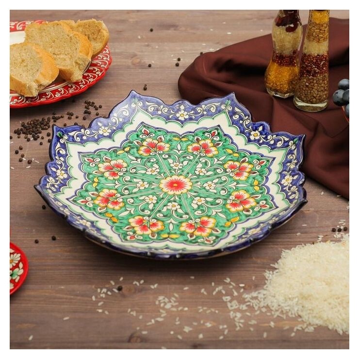 Ляган рифленый, восточный узор 32 см  Риштанская керамика