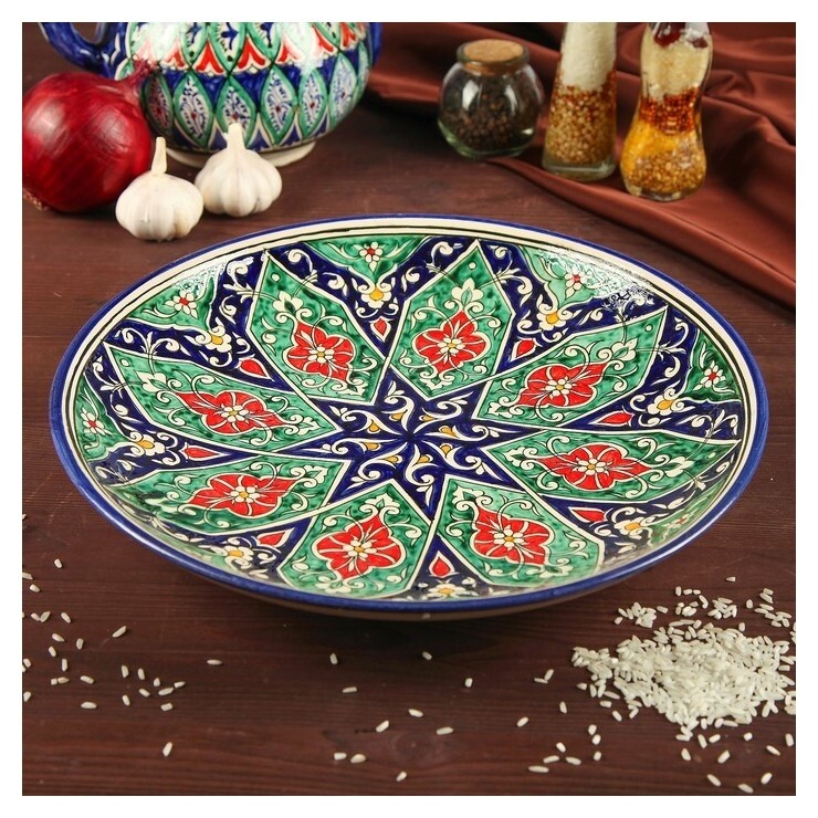 Ляган круглый с национальной росписью, 31 см  Риштанская керамика