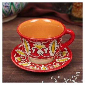 Чайная пара 0,1л (Тарелка 10см, чашка 7,5см) красная Риштанская керамика