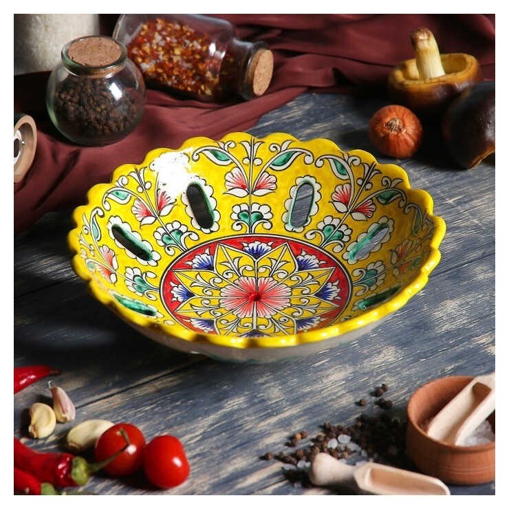 Фруктовница 23 см, жёлтый  Риштанская керамика