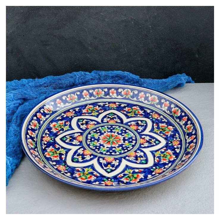 Ляган круглый «Риштан», 36 см, синий, орнамент красные цветы  Риштанская керамика