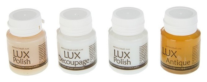 

Набор акриловых лаков 4 штуки х 20мл (Матовый, глянцевый, для кракелюра, клей-лак для декупажа), водная основа, не липкие Luxart Luxset Polish, Прозрачный