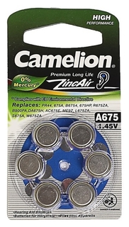 Батарейка цинковая Camelion, A675 (Pr44)-6bl, для слуховых аппаратов, 1.45в, блистер, 6 шт. Camelion