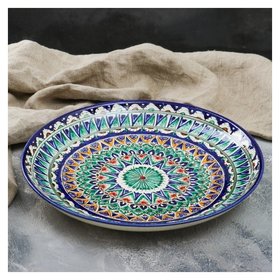 Ляган круглый «Риштан», 31 см, бело-сине-зелёная роспись Риштанская керамика