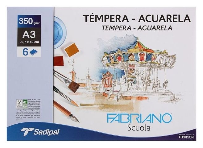 Бумага для акварели в папке 297 х 420 А3 Fabriano Tempera-aguarela 6 листов 350 гм 810₽