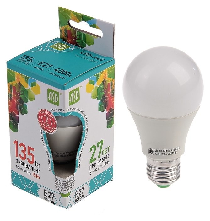 

Лампа светодиодная ASD Led-a60-standard, е27, 15 Вт, 230 В, 4000 К, 1350 Лм