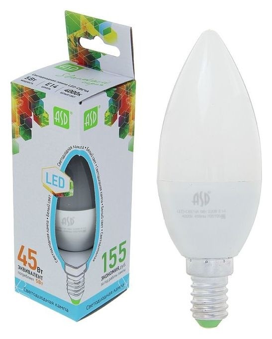 

Лампа светодиодная ASD Led-свеча-standard, е14, 5 Вт, 230 В, 4000 К, 450 Лм