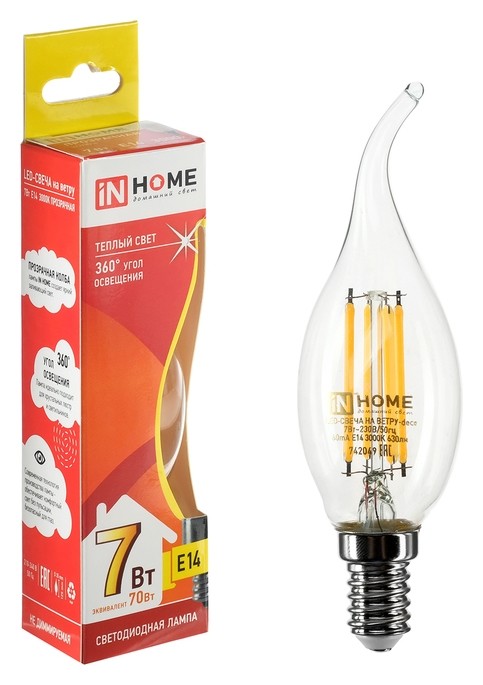

Лампа светодиодная IN Home Led-свеча НА ветру-deco, е14, 7 Вт, 3000 К, 630 Лм