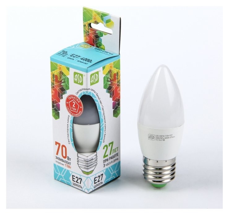

Лампа светодиодная ASD Led-свеча-standard, е27, 7.5 Вт, 230 В, 4000 К, 675 Лм