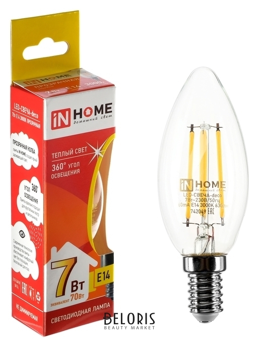 Лампа светодиодная IN Home, с37, 7 Вт, е14, 630 Лм, 3000 К, теплый белый, прозрачная INhome