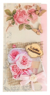 Конверт для денег "С Днём Рождения!" ручная работа Розовые розы Стильная открытка