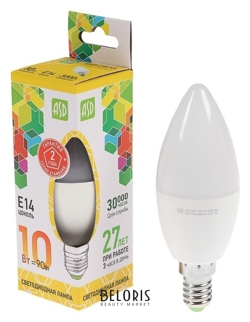 Лампа светодиодная ASD Led-свеча-standard, е14, 10 Вт, 230 В, 3000 К, 900 Лм ASD