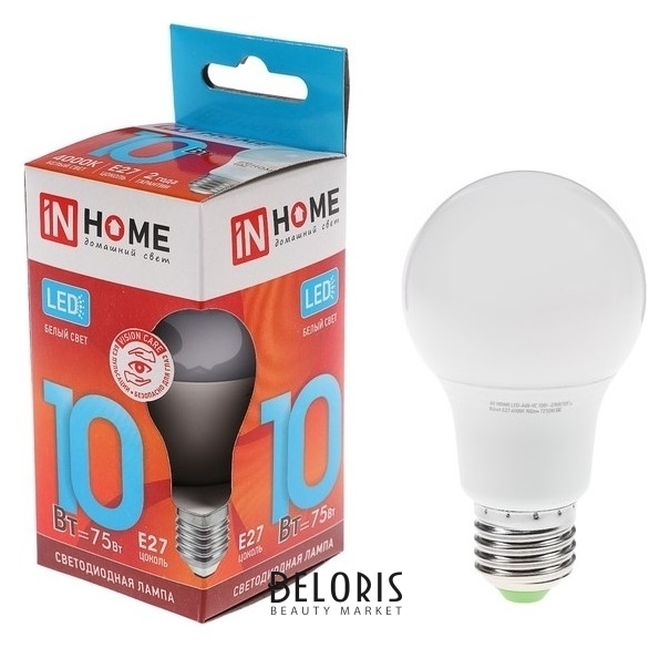 Лампа светодиодная IN Home Led-a60-vc, е27, 10 Вт, 230 В, 4000 К, 900 Лм INhome