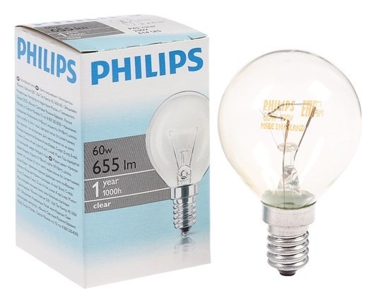 Лампа накаливания Philips Stan, P45, 60 Вт, E14, 2700 К, 230 В, прозрачная