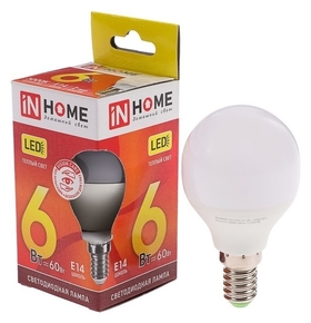 Лампа светодиодная IN Home, G45, 6 Вт, е14, 480 Лм, 3000 К, теплый белый INhome