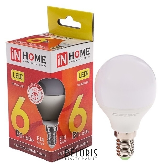Лампа светодиодная IN Home, G45, 6 Вт, е14, 480 Лм, 3000 К, теплый белый INhome