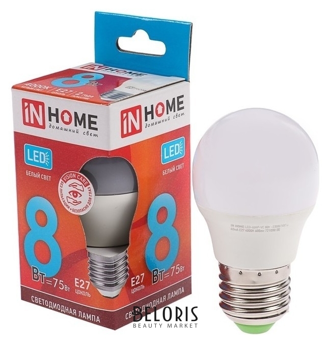 Лампа светодиодная IN Home Led-шар-vc, е27, 8 Вт, 230 В, 4000 К, 600 Лм INhome