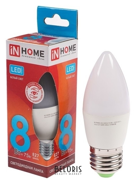 Лампа светодиодная IN Home Led-свеча-vc, е27, 8 Вт, 230 В, 4000 К, 600 Лм INhome