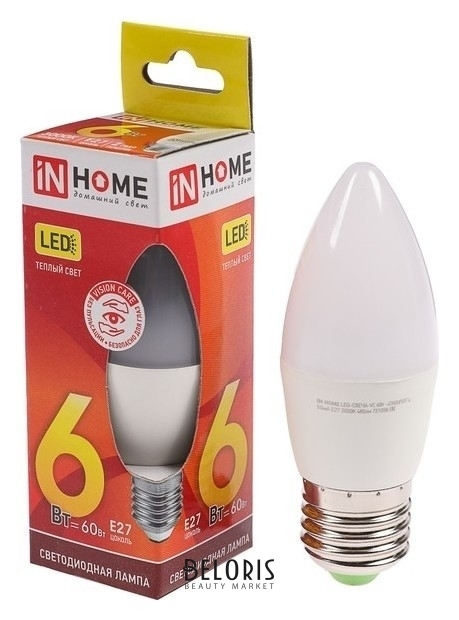 Лампа светодиодная IN Home Led-свеча-vc, 6 Вт, е27, 230 В, 3000 К, 480 Лм INhome