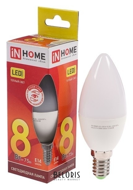 Лампа светодиодная IN Home Led-свеча-vc, е14, 8 Вт, 230 В, 3000 К, 720 Лм INhome