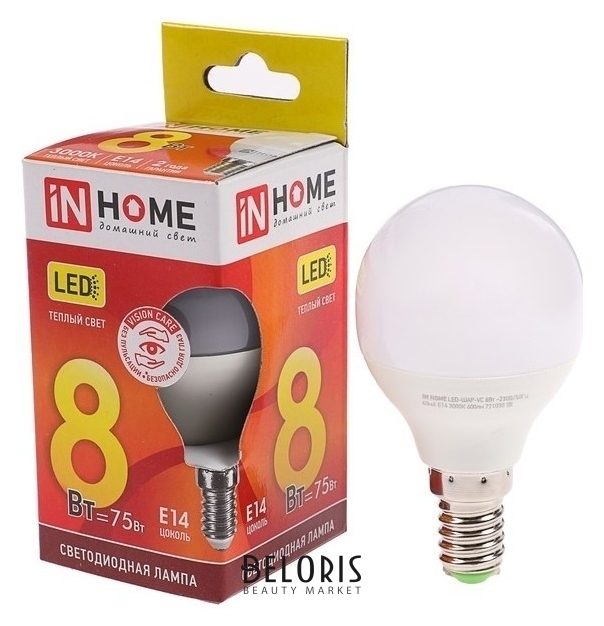 Лампа светодиодная IN Home Led-шар-vc, е14, 8 Вт, 230 В, 3000 К, 600 Лм INhome