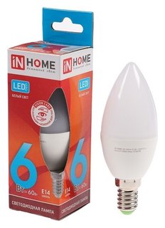 Лампа светодиодная IN Home Led-свеча-vc, е14, 6 Вт, 230 В, 4000 К, 480 Лм INhome