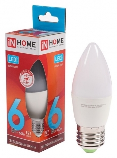 Лампа светодиодная IN Home Led-свеча-vc, е27, 6 Вт, 230 В, 4000 К, 480 Лм INhome