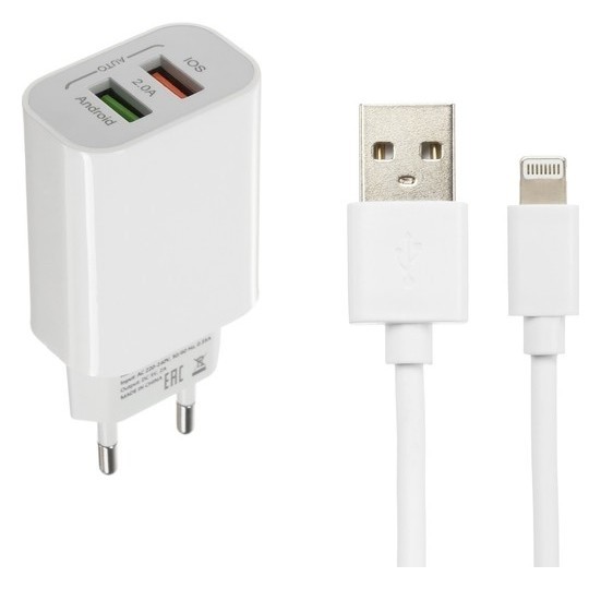 

Сетевое зарядное устройство Luazon, 2 Usb, 2 A, кабель Lightning, белое, Белый