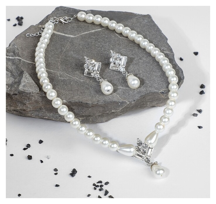 Набор 2 предмета: серьги, колье "Антуанетта" гранж, цвет белый в серебре  Queen Fair