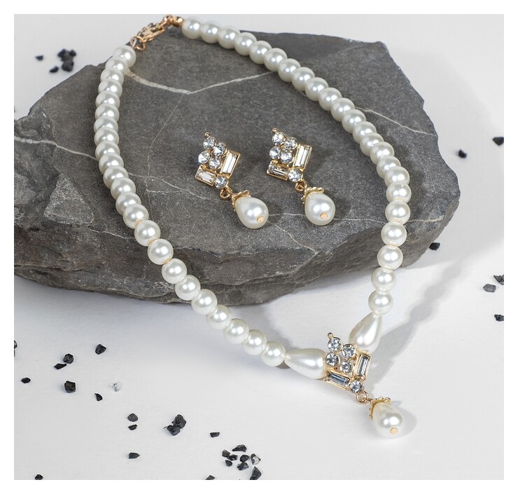 Набор 2 предмета: серьги, колье "Антуанетта" гранж, цвет белый в золоте  Queen Fair