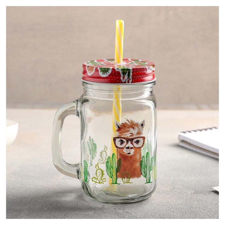 

Банка с ручкой, крышкой и трубочкой 450 мл "Лама", Прозрачный