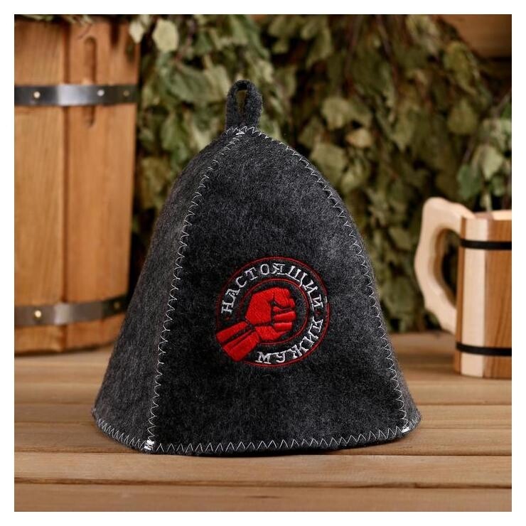 Шапка для бани с вышивкой "Настоящий мужик" кулак Банная забава