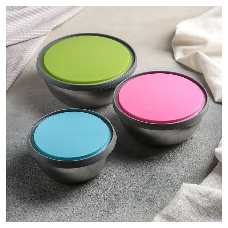 Набор салатников с крышками «Яркая сталь», 3 шт: D=16/15/12 см (800/600/400 мл)  