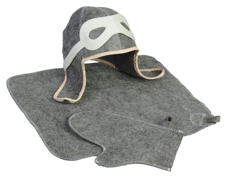 Набор для бани "Летчик" серый: шапка, коврик, рукавица 