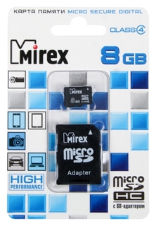 Карта памяти Mirex Microsd, 8 Гб, Sdhc, класс 4, с адаптером SD Mirex