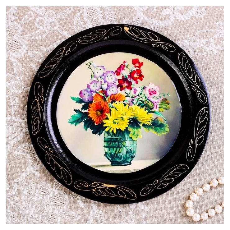 Тарелка декоративная «Цветы», D=18 см, лаковая миниатюра