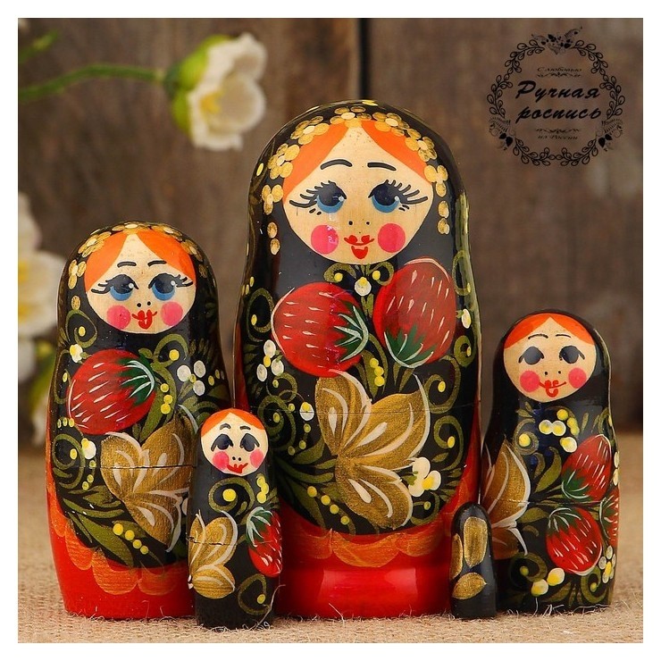 

Матрёшка «Хохлома», чёрно-золотой платок, 5 кукольная, 10 см, Разноцветный